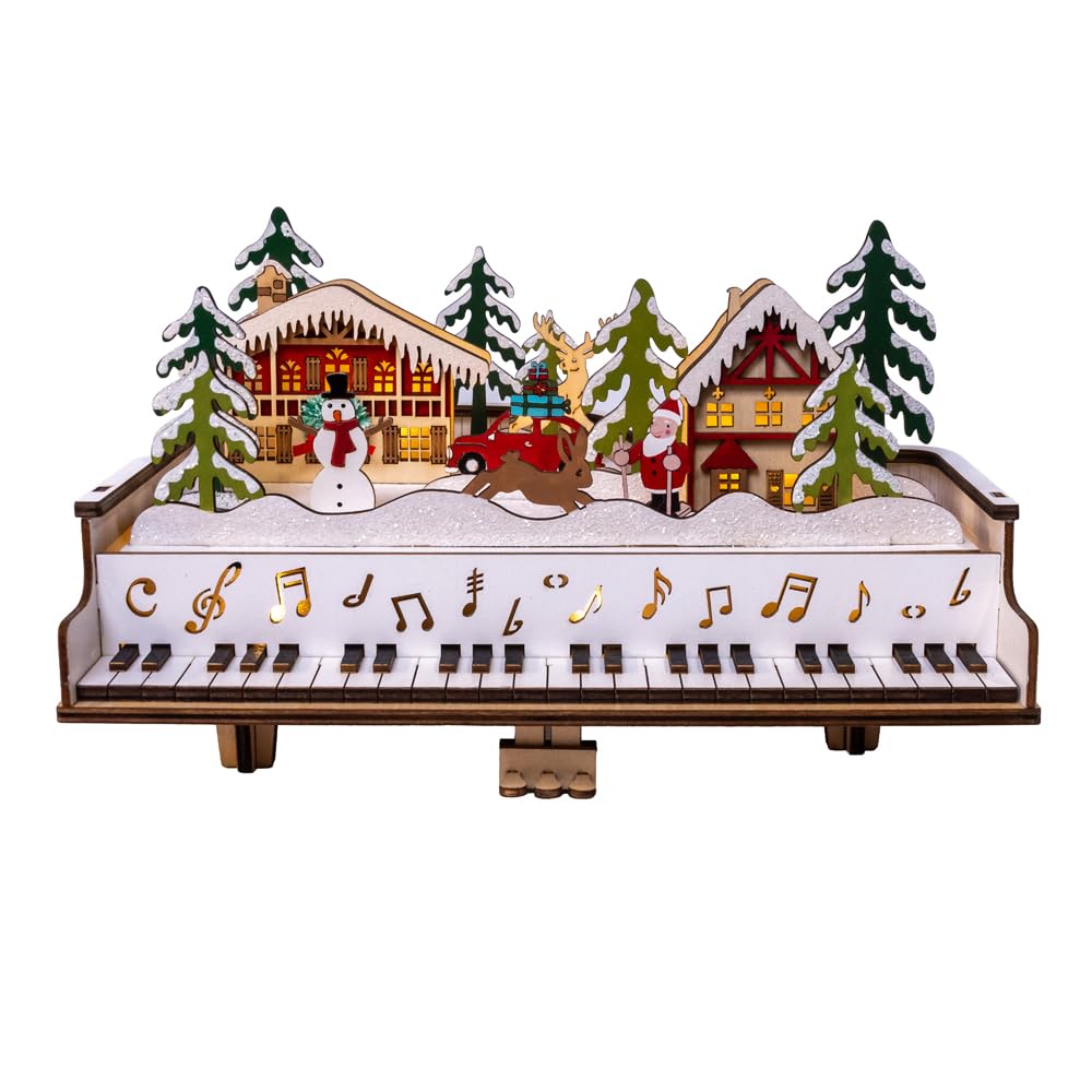Kurt Adler Batteriebetriebenes LED beleuchtetes Klavier mit Dorfszene & Weihnachtsmann