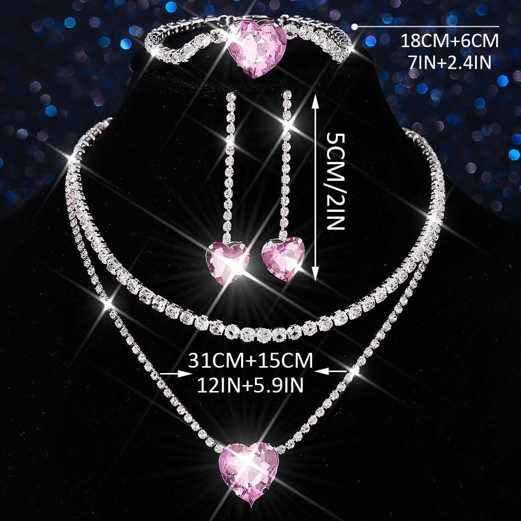 Unicra Silver Rhinestone Necklace Earrings Bracelet Sets Bridal Wedding Jewelry Set Heart Costume Jewelry Sets for Women and Brides image 5