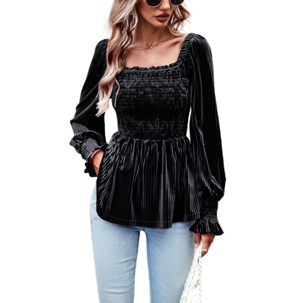 Camicia Donna Elegante,Camicetta Casual Da Donna Con Scollo Quadrato In Velluto, Camicia Pullover Rosa, Avvolgente Elastica, A Pieghe, Vestibilità Slim, Elegante Tunica, Camicia A Maniche Lunghe, E