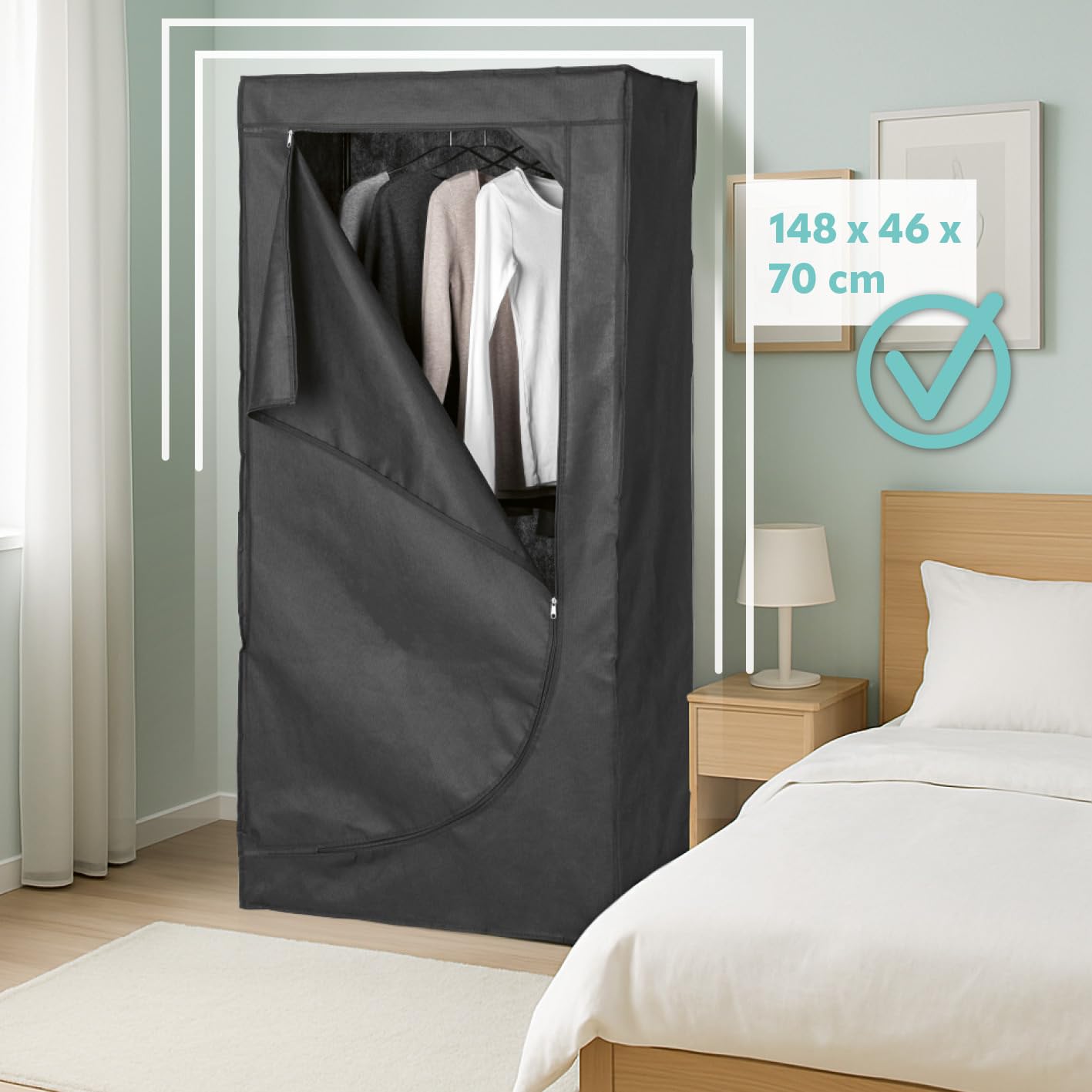 EASYmaxx Armario de tela plegable con cremallera y barra para ropa, ideal como armario de camping o armario móvil en casa, perchero modular