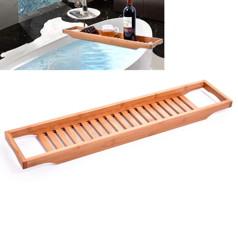 Bandeja de madera de bambú natural para bañera con rieles, ideal para organizador de ducha para baño