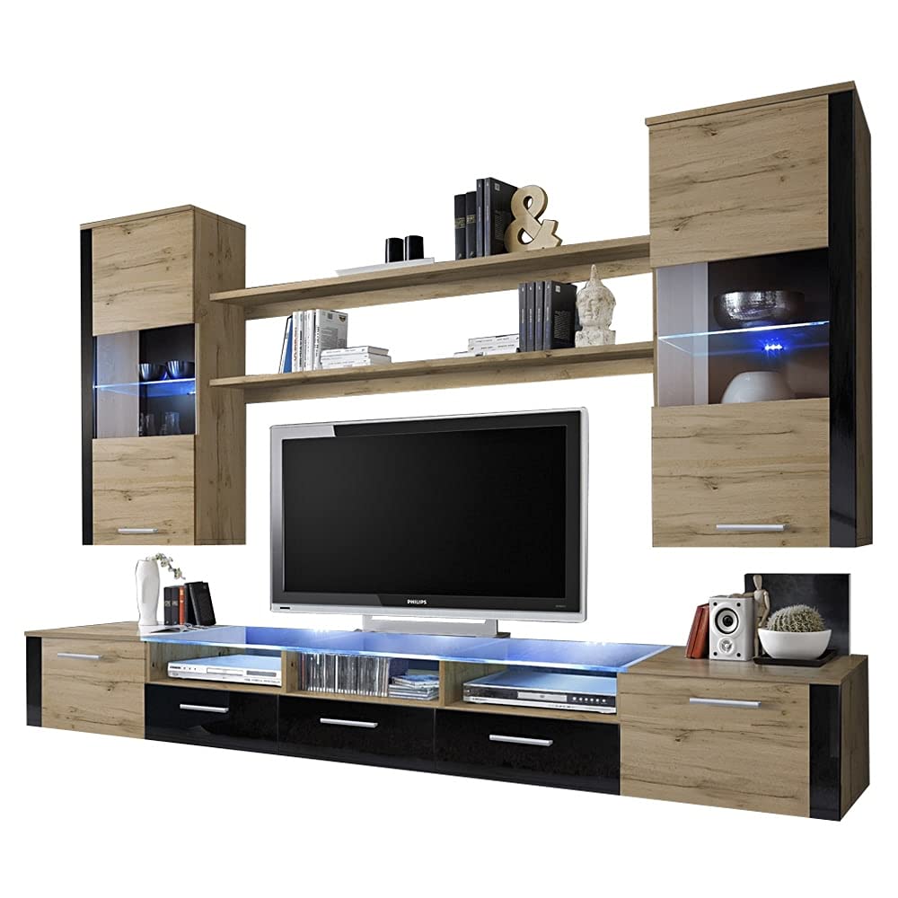 MEBLE FURNITURE & RUGS Fresh Wall Unit Modern Entertainment Center with LED Lights Oak/Black