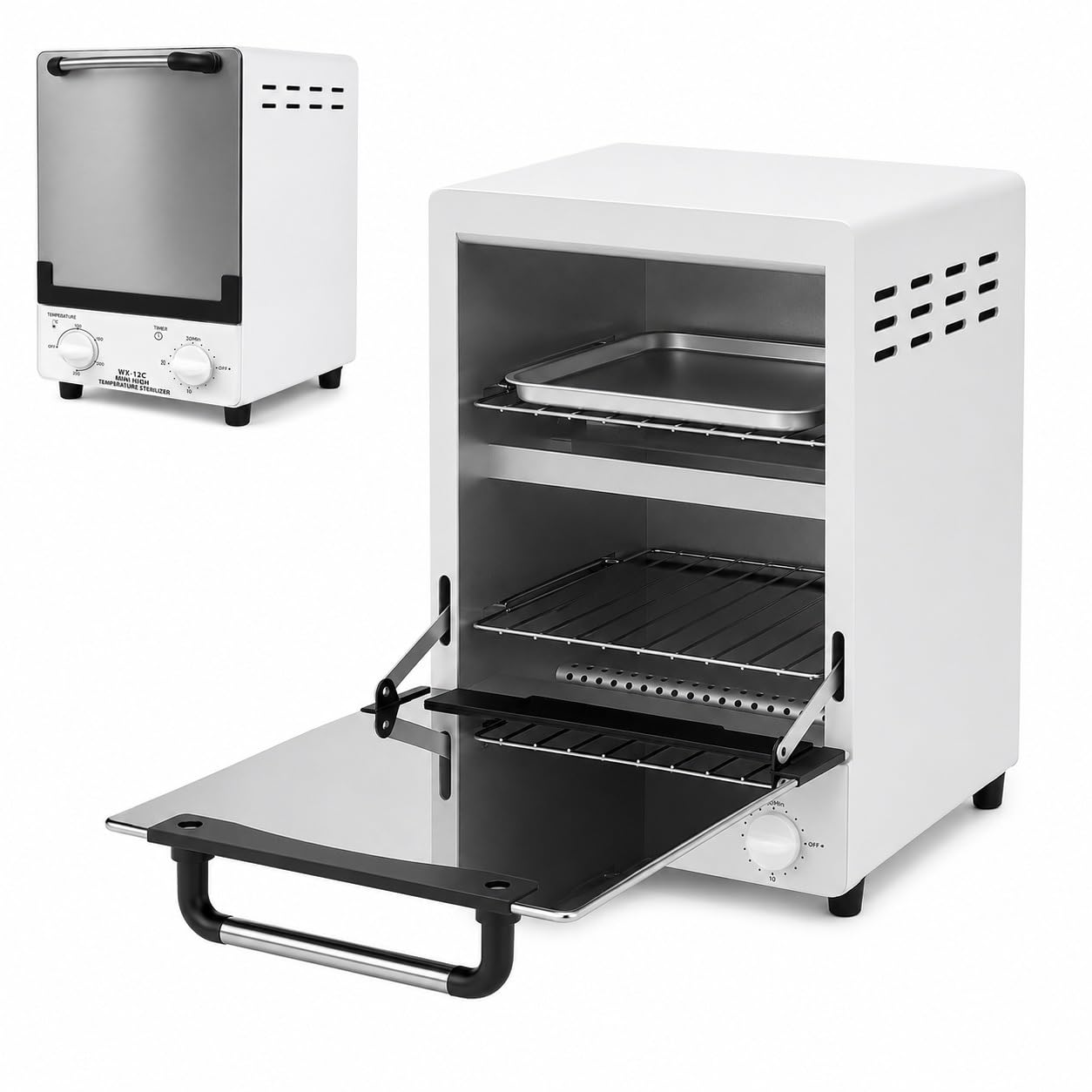 Heißluftsterilisator 12 L, Professioneller Trockensterilisator, Instrumentensterilisator 1000 W mit Doppelkammer, Temperaturregelung 0–250 °C & 0–30 Min Timer, Desinfektionsgerät für Instrumente