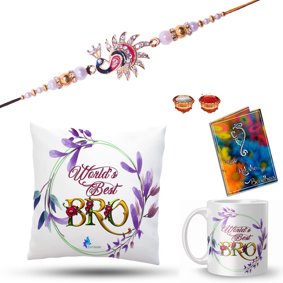 FIFTH AND MOON Festival Rakhi With Printed Rakhi Coffee Mug Cushion Gift (Set of One Rakh,One Mug One Cushion)-C-M-132-US