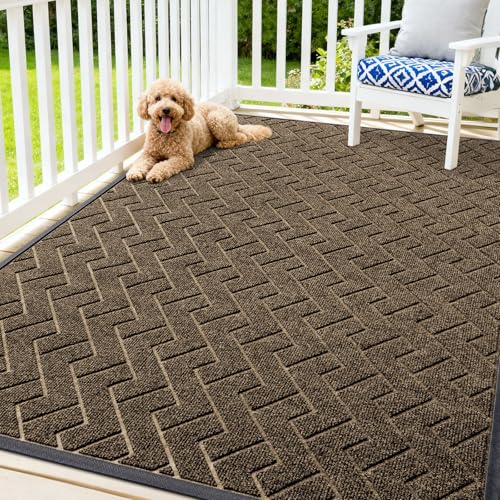 Image of OLANLY Front Door Mat Indoor Outdoor Entrance, Waterproof All-Season, All-Weather Doormat, Sturdy Natural Rubber, Low Profile, Easy Clean Patio Porch Entryway Mat, Herringbone Brick (Brown, 71x47)
