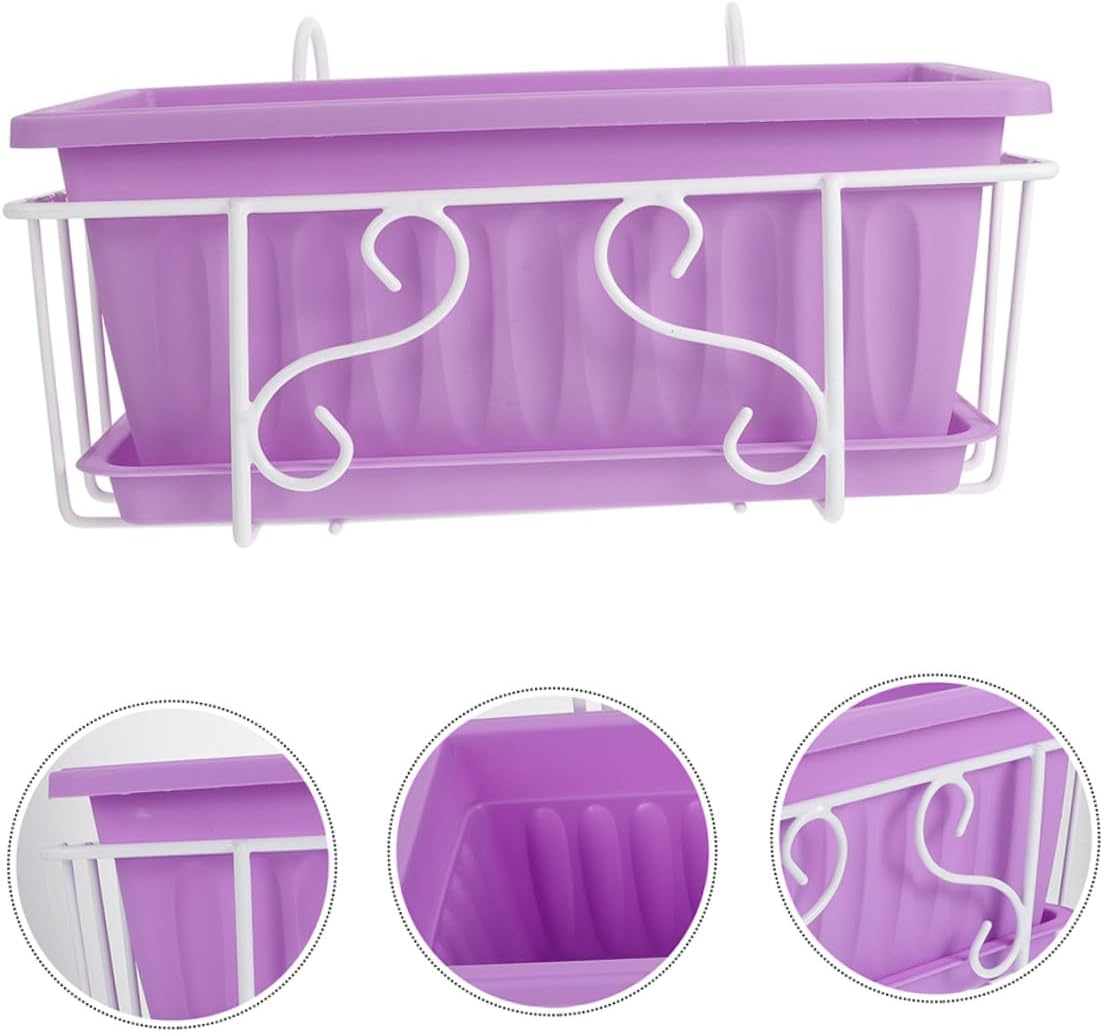 Rectangular Hanging Window Sill Planter Box Set with Purple Flower Pot, White Metal Frame, and Tray for Vegetable and Herb Gardening on Balcony Or Patio
