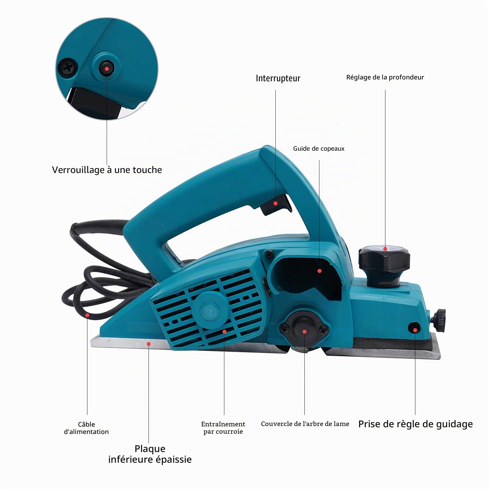 Raboteuse électrique 800 W - Fraise à bois avec 16 000 tr/min, boîtier anti-poussière, profondeur de coupe réglable et guide de précision - Pour poncer et couper du bois - Idéal pour le bricolage et
