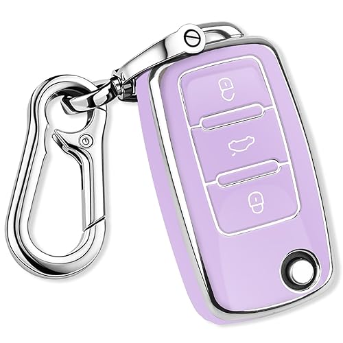 QBUC for VW Key Fob Cover with Keychain Silver Trim Soft TPU Compatible with Volkswagen Jetta Beetle Santana Scirocco Eos Tiguan Touran Polo MK5 Passat Golf GTI MK6(Purple) - Purple