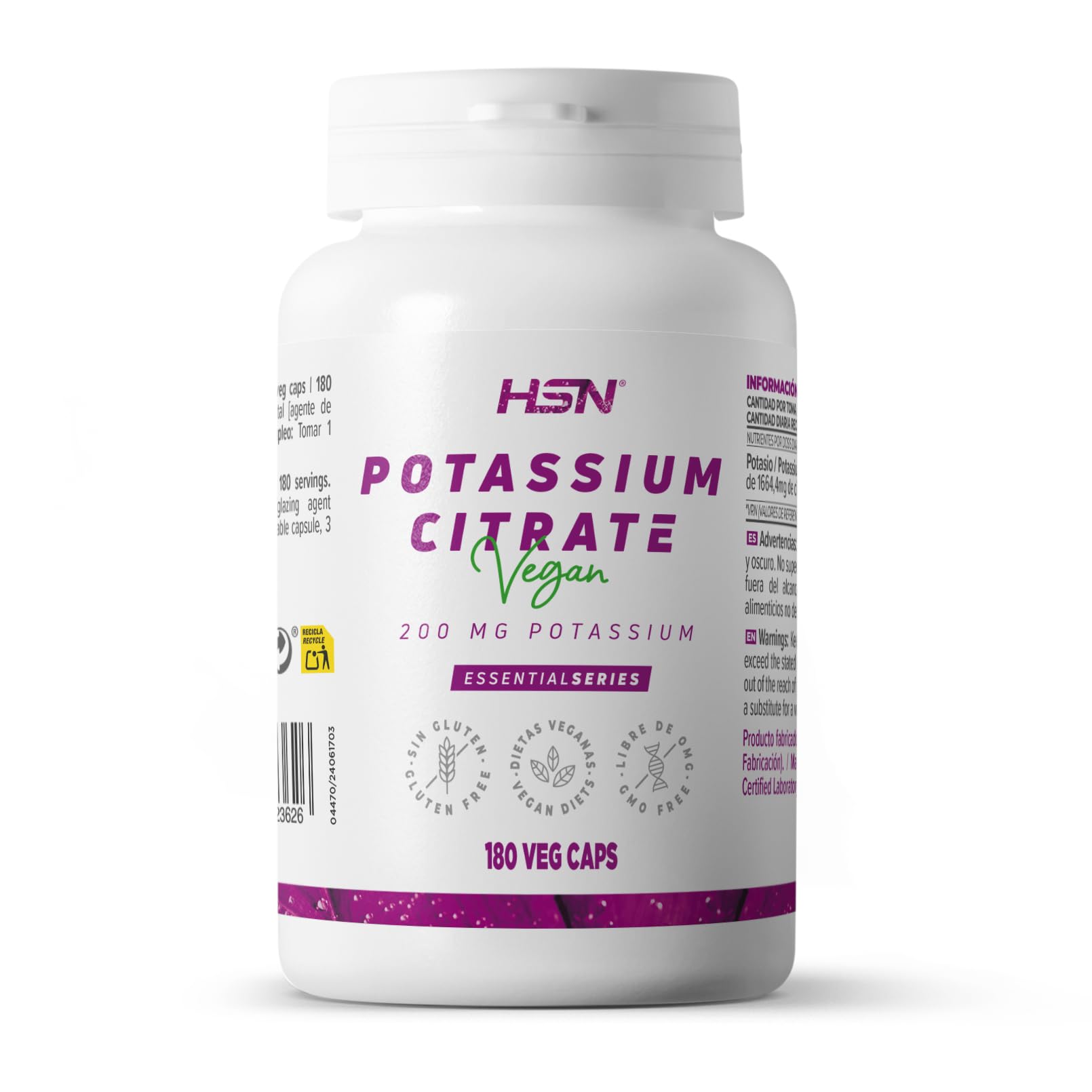 HSN Citrato di Potassio 1664mg (600mg di Potassio Elementare) per dose giornaliera | 180 Capsule Vegetali | Il potassio contribuisce al normale funzionamento del sistema nervoso