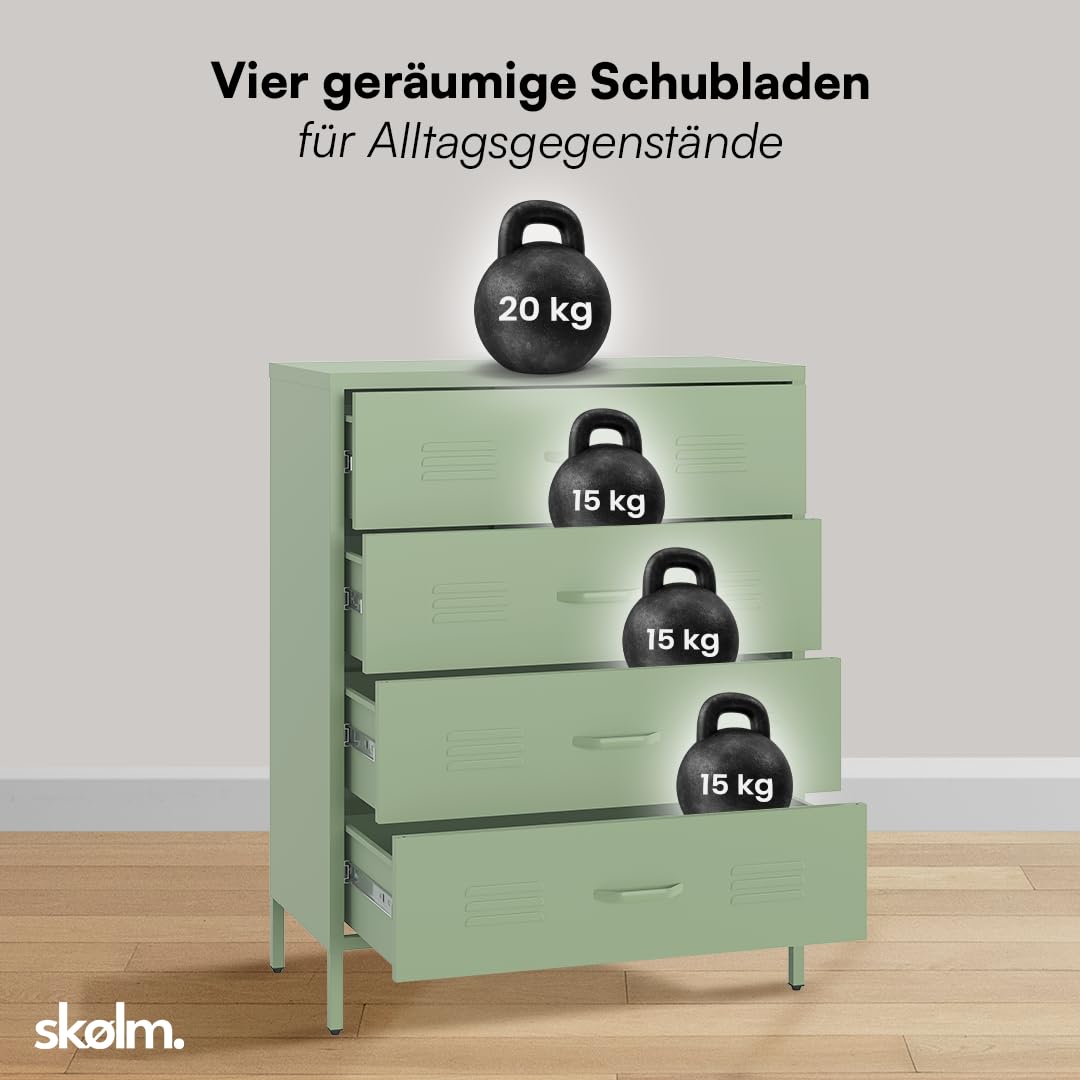 skølm Atria Metall Kommode – Sideboard mit 4 Schubladen – Metallschrank in Mintgrün – Mehrzweckschrank 100x80x40 cm (HxBxT) – Aufbewahrungsschrank/Flurschrank/Schubladenschrank/Industrial Highboard