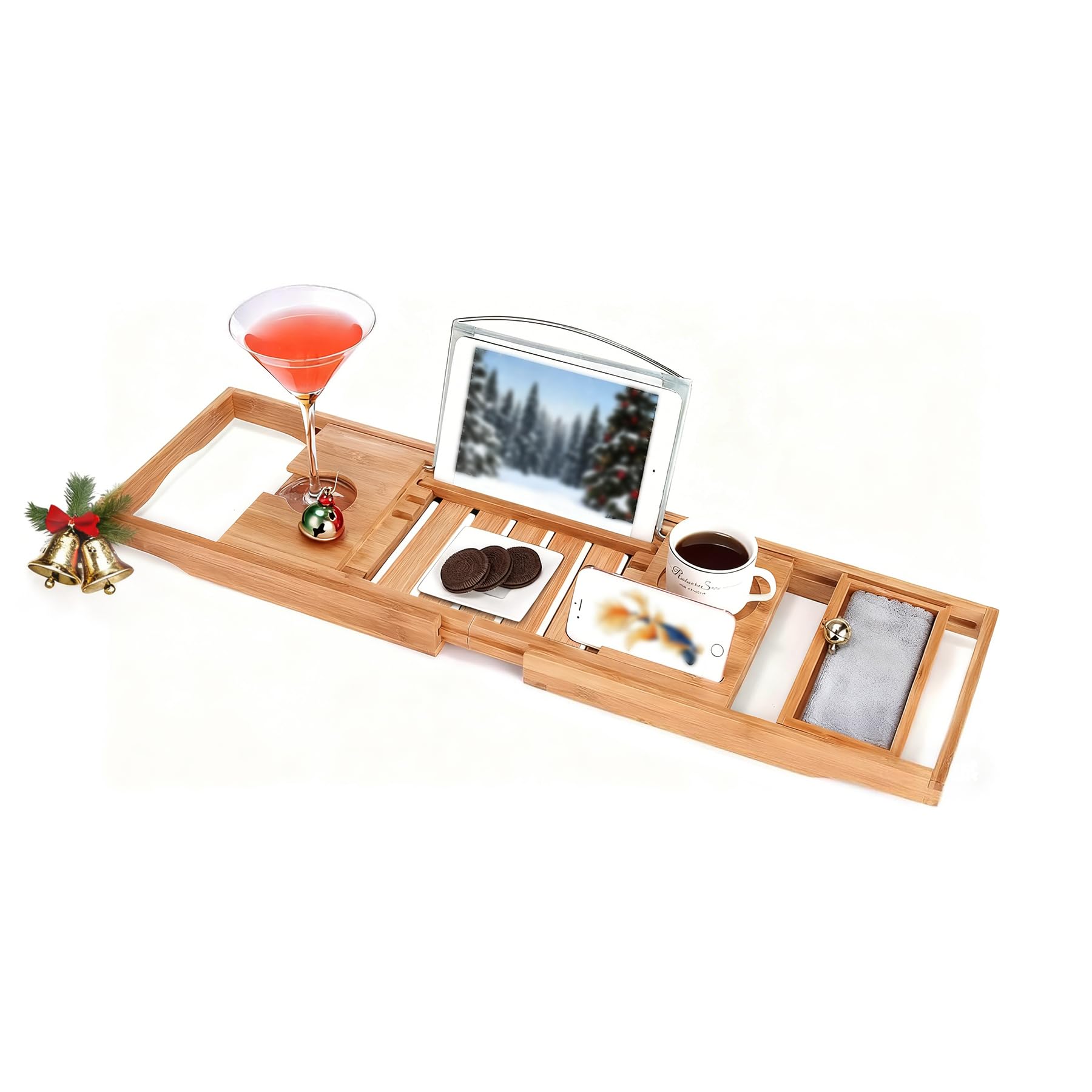 Utoplike Bamboo Bathtub Caddy Tray Bath Tray for Tub, Adjustable Bathroom Bathtub Organizer with Book Tablet Wine Glass Cup Towel Holder