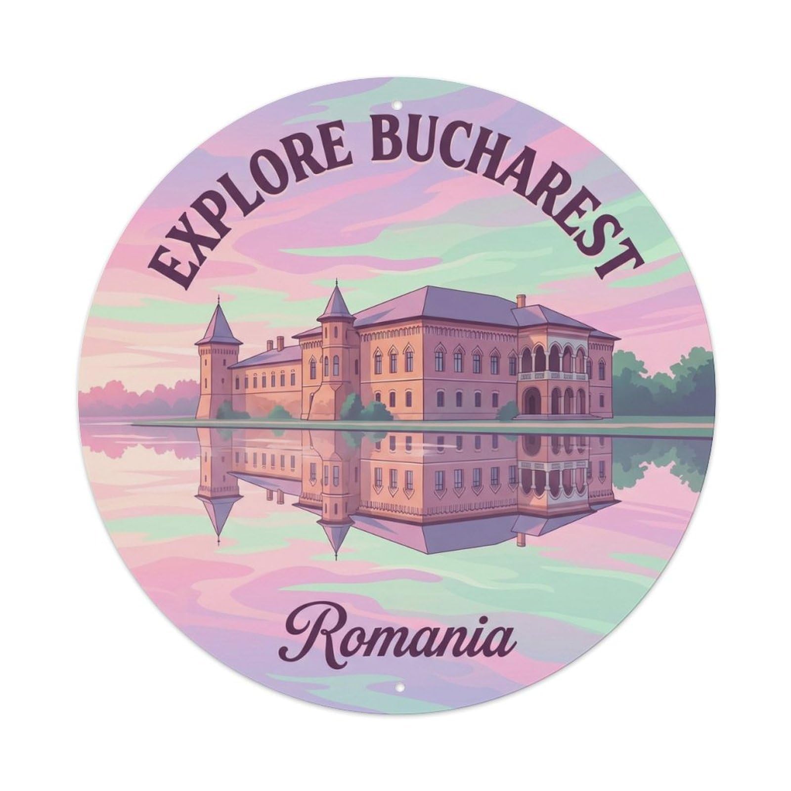 Bucharest Landmark Palace Explore City Europe Classic Metal Tin Sign Plaque Wall Decor for Cafe, Man Cave, Club Bar, Office, Home Garden Round Metal Poster 8x8Inch
