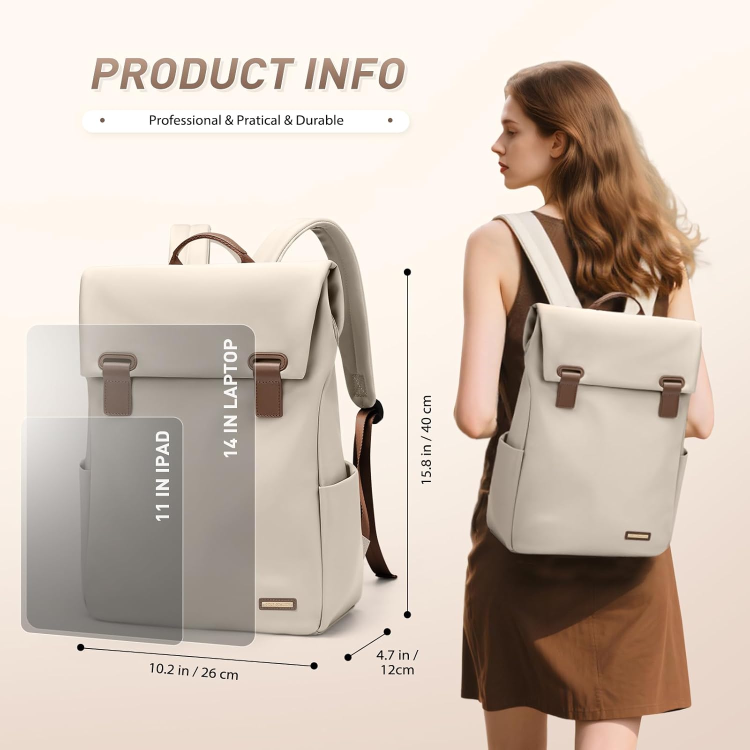 Women Laptop Backpack Computer Backpacks Carry On Waterproof backpack Fits 14Inch Notebook Travel Commute College (Apricot) - Image 2