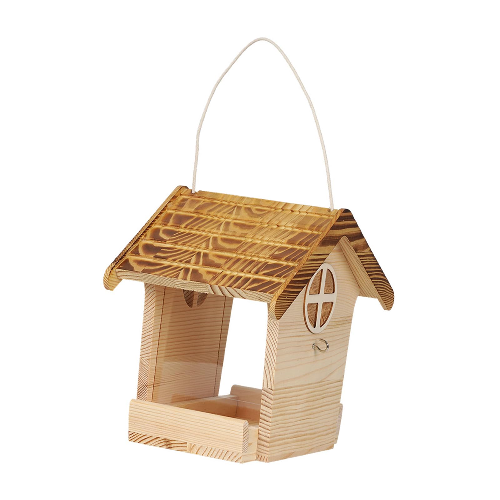 Decorazione per mangiatoia per uccelli da patio, casetta per mangiatoia per uccelli da esterno in legno con vassoio accesso aperto, finitura in legno naturale e ramo un albero o display da