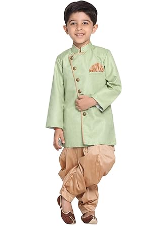 JBN Creation Boys White Cotton Silk Blend Boys Indo Wstern Style Sherwani Set