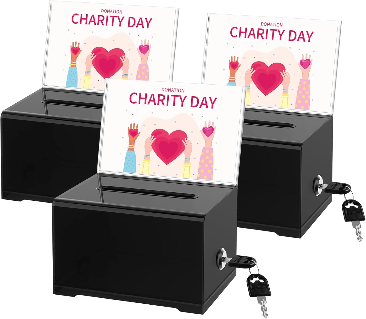 Donation Box with Sign Holder, Tip Jar, Clear Ballot Box with Lock, Transparent Donation Boxes for fundraising, Lock Box for Vote, Suggestion, Cards, Ticket, Prayer, Cash, Money, Tip (Black-3Pack)