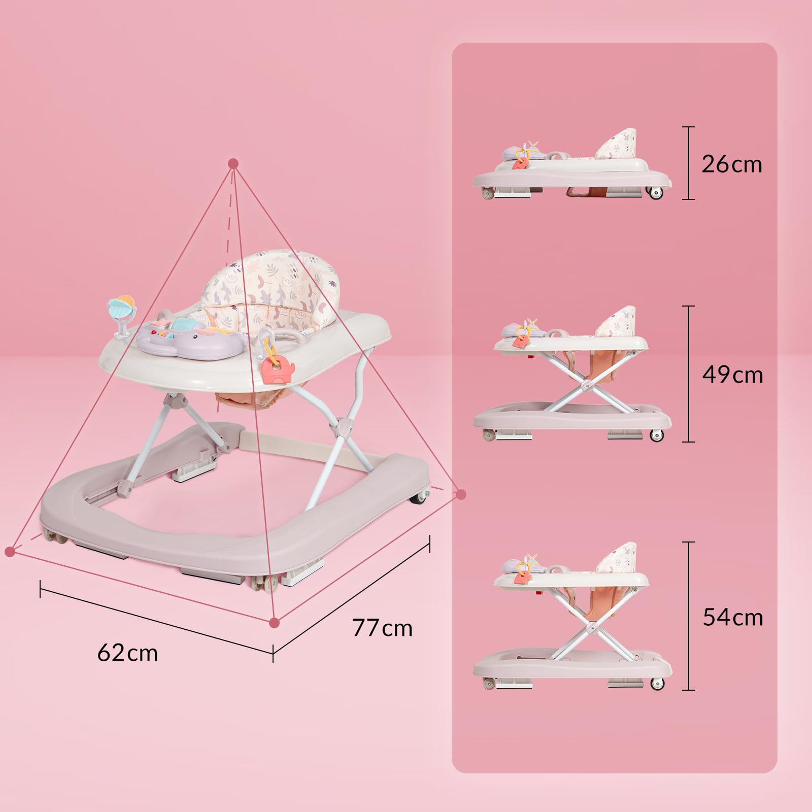 Leogreen Trotteur pour bébé 3 en 1 avec plateau amovible, Trotteur bébé facilement pliable, babywalker, hauteur réglable, De 6 à 18 mois