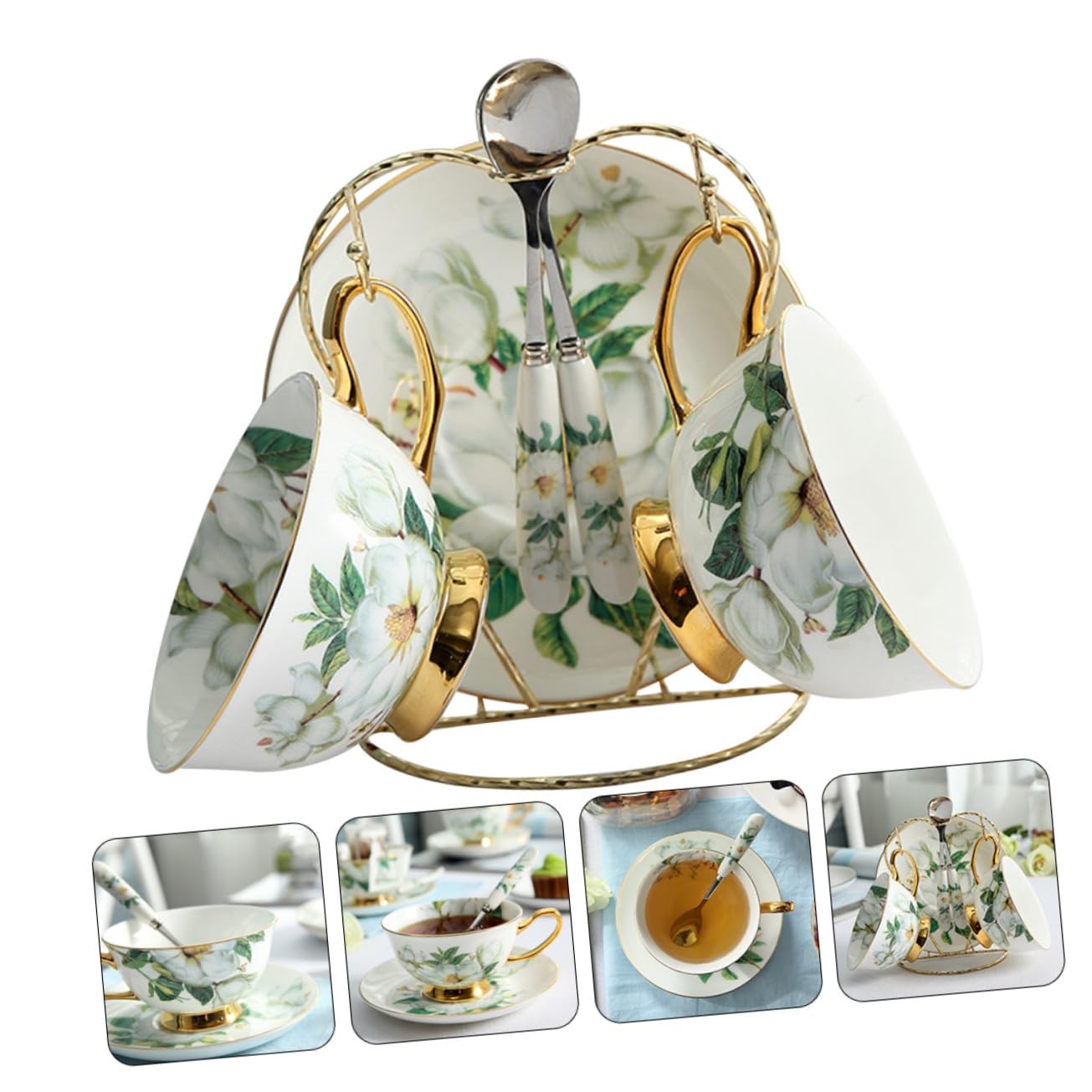 Gatuida Set 2 Tazze e Piattini da Tè in Ceramica Creativa Cucchiaino e Supporto, Tazze da Caffè Latte Impugnatura Comoda, Adatte per Pomeriggi di Tè e Riunioni di Famiglia