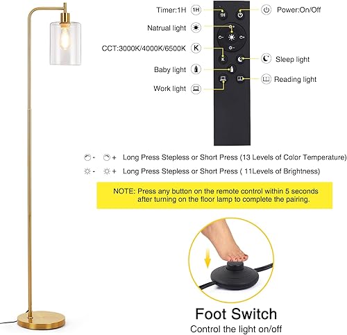 Miniatura 5 de Litake Lámpara de pie industrial, dorada, moderna lámpara de pie regulable con pantalla de vidrio transparente, lámpara alta dorada con control