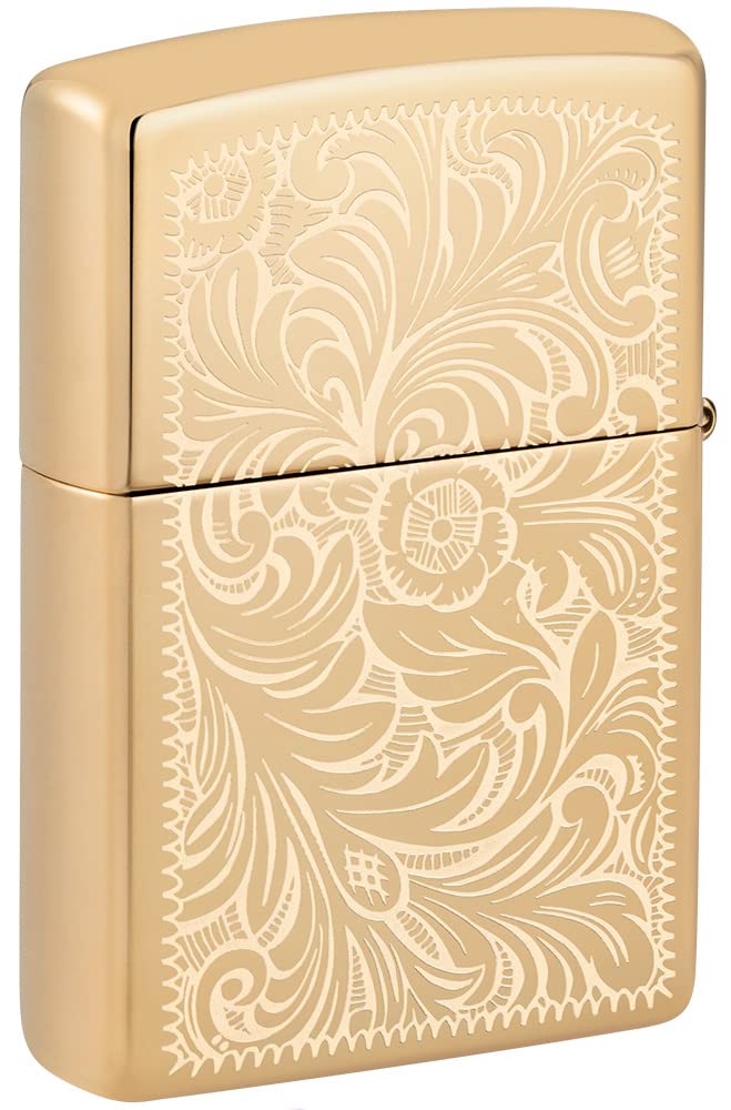 Zippo Encendedor a Prueba de Viento - Modelo Venetian - Acabado de Latón Pulido Brillante - Lustroso - Recargable - Reutilizable - Diseño a Prueba de Viento - Caja de Regalo - Hecho en EEUU