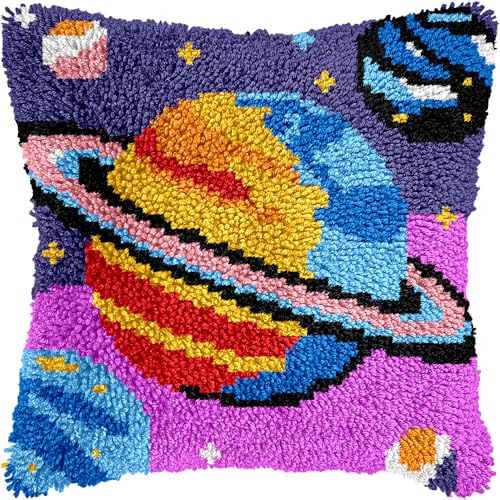 Image of LUBOT Cosmic Planets Latch Hook Kits for Adults Rug Pillow Cover with Printed Canvas Pattern Crochet Kit for Beginners 17 inch X 17 inch