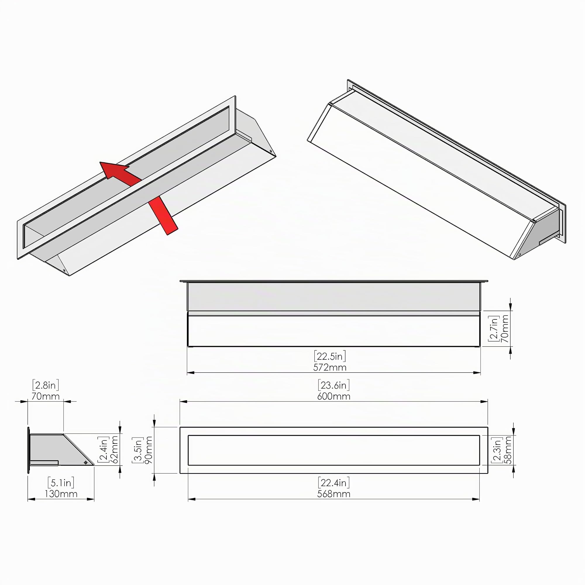 Grille de Ventilation Linéaire Acier Noir RAL 9005 – 60 x 9 cm. | Format linéaire allongé - diffusion d’air chaud - cheminée insert poêle - acier thermolaqué 200 °C