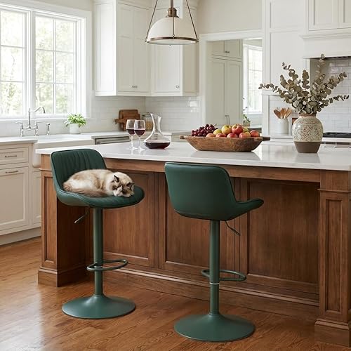 Miniatura 3 de YOUTASTE Juego de 2 taburetes de bar de piel sintética, todos los taburetes de bar tapizados de color verde oscuro con respaldo, silla giratoria