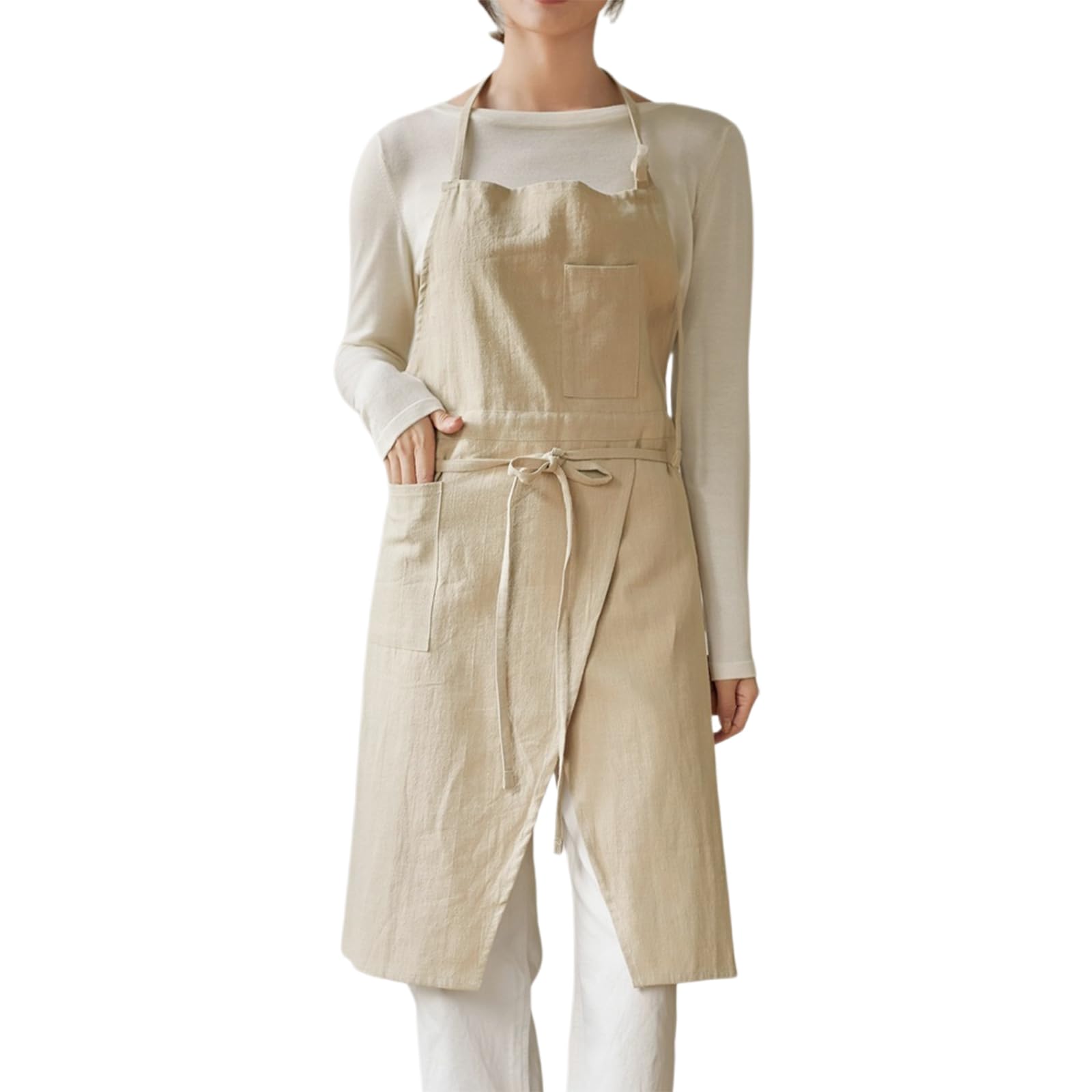 Tabliers De Cuisine pour Femmes Jambe Fendue Tablier Style Japonais Réglable pour 2 Poches pour Cuisine Familial Restaurant Café Barbecue Beige,One Size