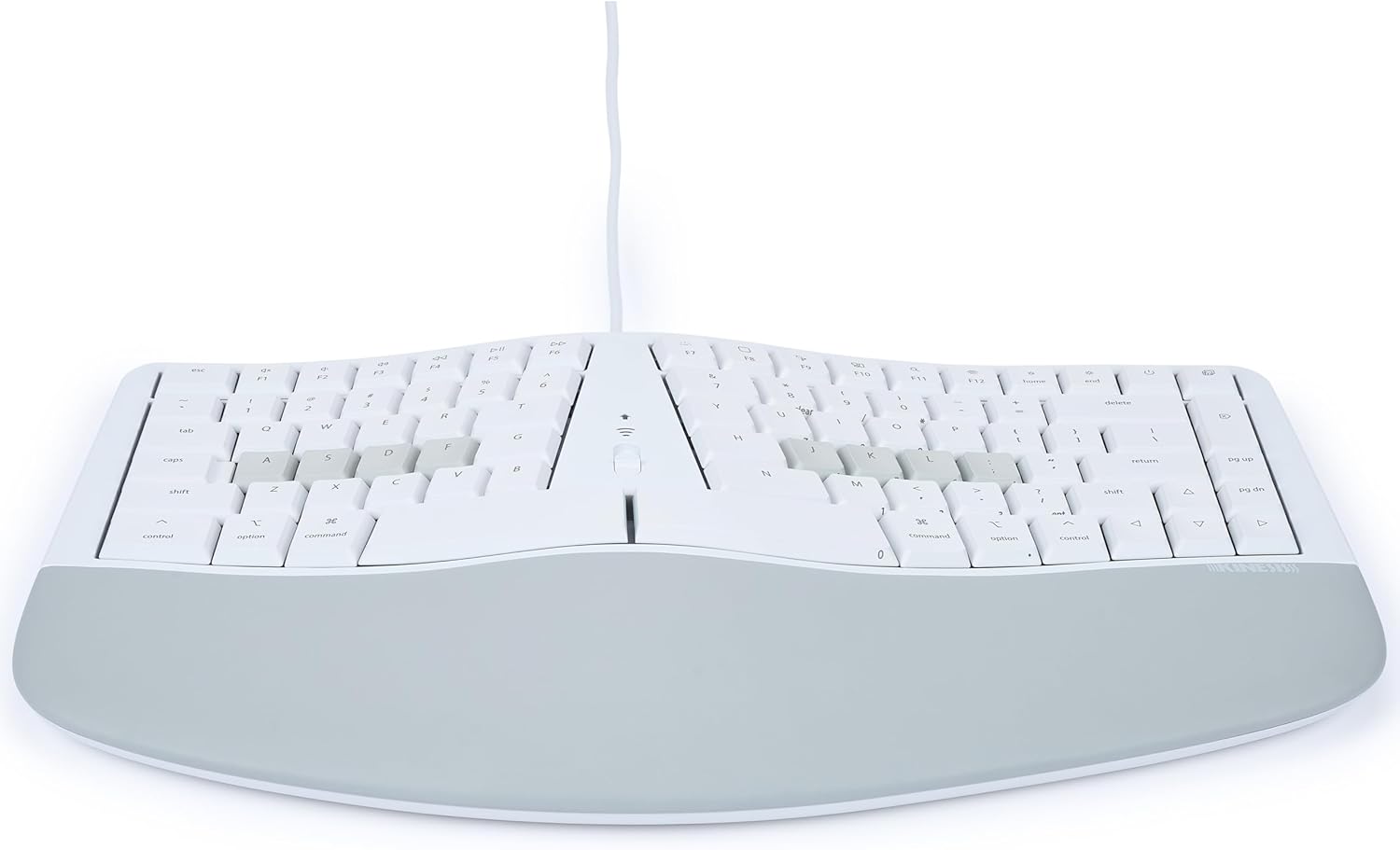 Z góry na dół view of the KINESIS mWave keyboard connected via its USB cable to a computer, showing the cable extending from the front of the keyboard.