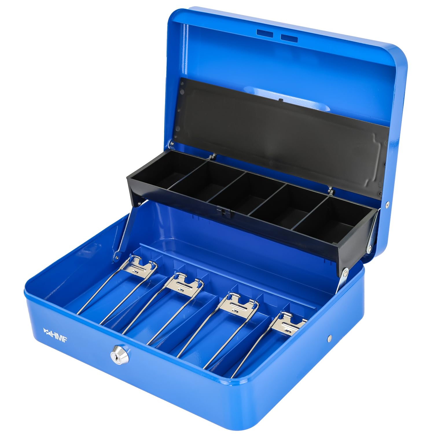 HMF 15230-05 - Caja de caudales con cerradura con compartimento para monedas y 4 compartimentos para billetes con pinza | 30 x 24 x 9 cm | Azul