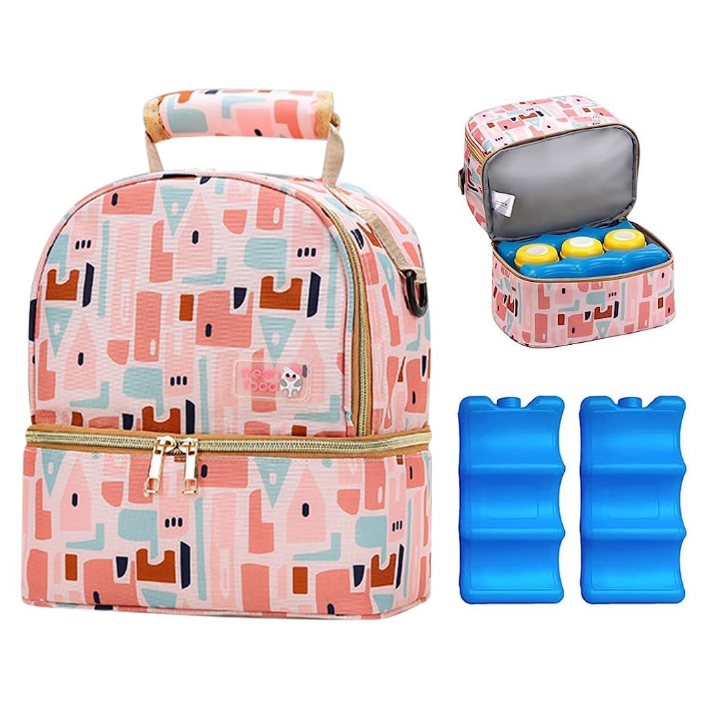 Nylon Breastmilk Storage Modern Bag With Ice Pack,Double Layer Breastmilk Warmer Insulated Bag With Strap,Fits 6 Ounces Bottles,Waterproof Breast Mommy Diaper Backpack Bento Box Backpack,Pink