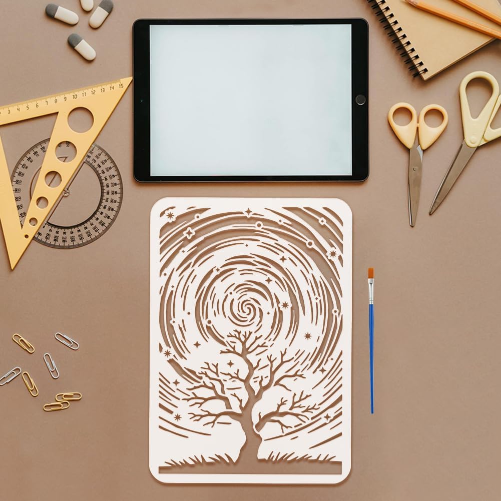 FINGERINSPIRE Star Trail Tree Stencils with Paint Brush 8.3x11.7inch Starry Sky Stencil Tree Stencil with Branches Fantacy Themes Template for Painting on Wood Wall Furniture DIY Home Decoration