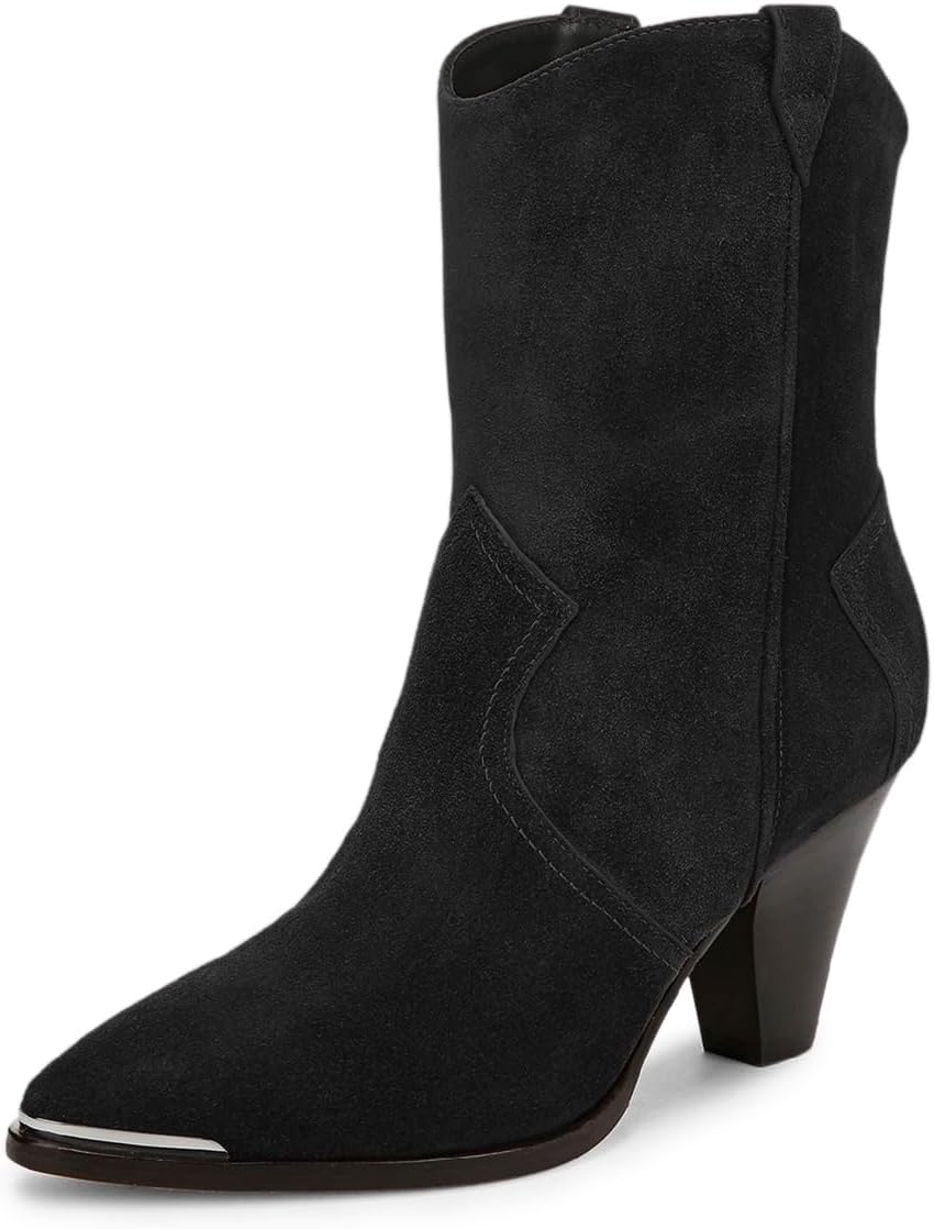 YDN Women Closed Almond Toe Wide Calf Ankle Booties Chunky High Heel Pull On Western Boots Casual Vacation Party Shoes Size 4-16 US
