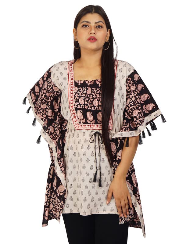 AVIHSHRIBeige Black Bagh Handblock Printed Cotton Kaftan |XL|, Beige Black(BB), 42