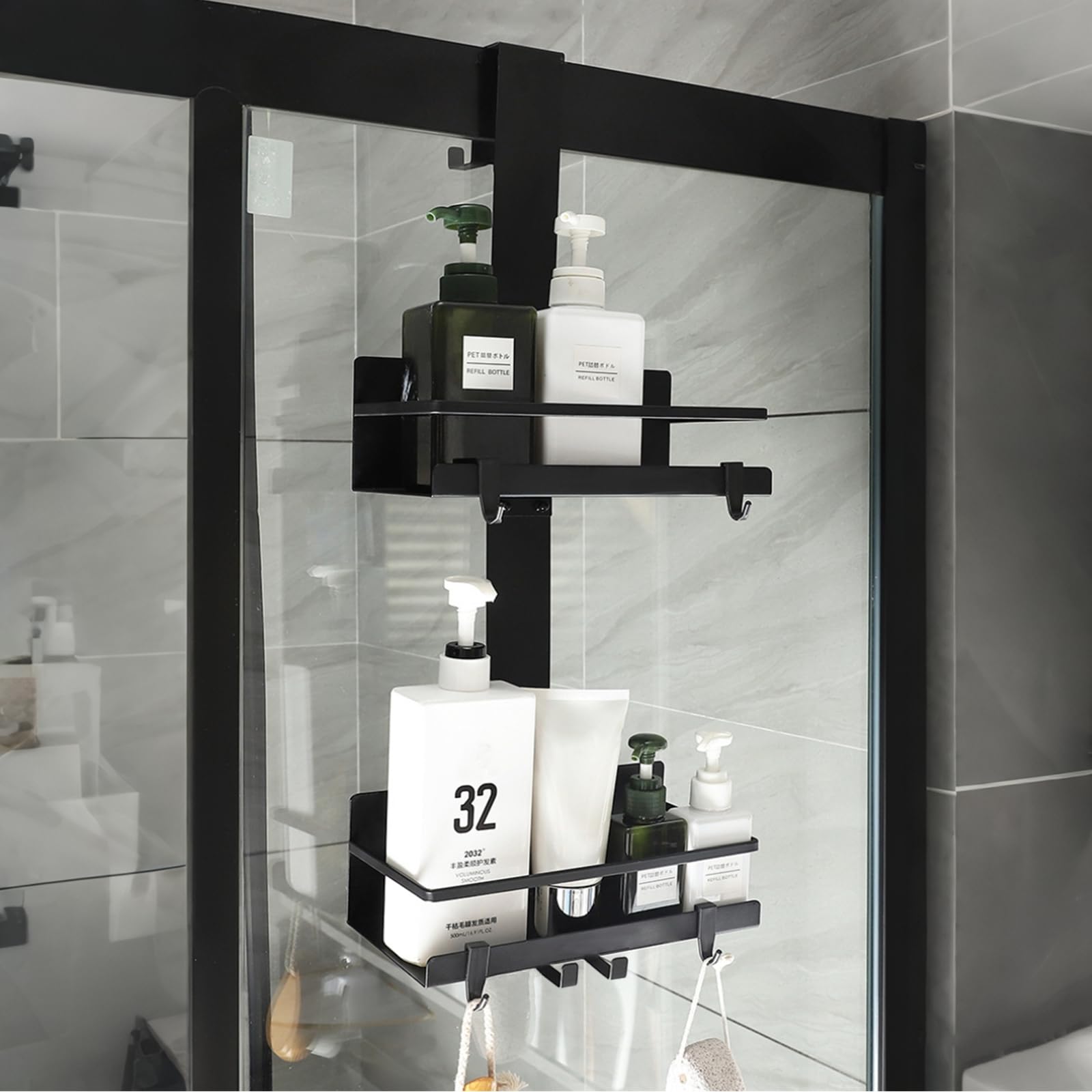 Étagère de Douche à Suspendre 2 Niveaux, Panier de Douche sans Perçage en Acier au Carbone, Hauteur 66 cm, avec 2 Ventouses et 4 Crochets, pour Porte de Douche jusqu’à 3 cm, Noir