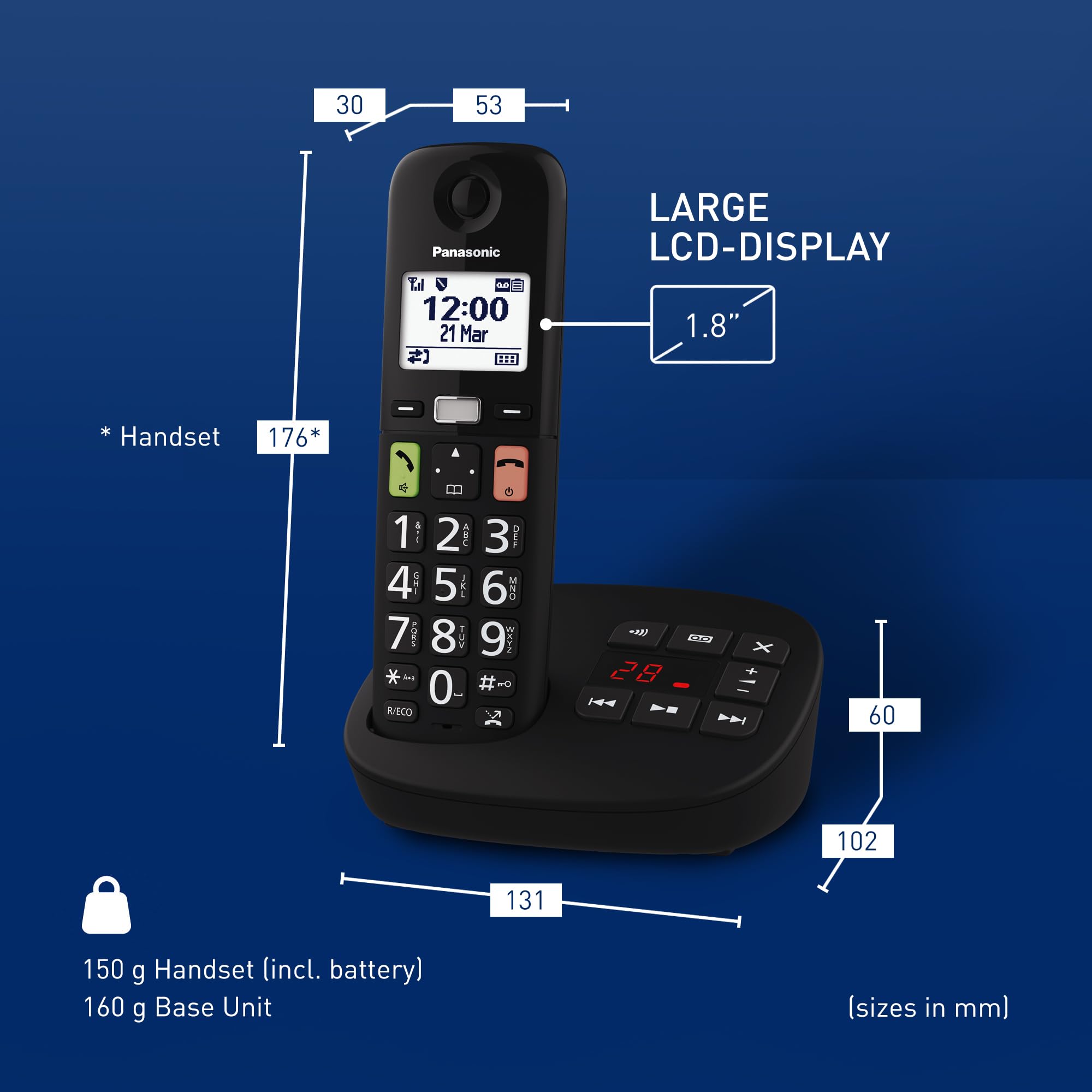 Panasonic KX-TGU130EXB Bezprzewodowy telefon cyfrowy z automatyczną sekretarką, jednostką podstawową i 1 słuchawką, wyświetlaczem LCD, dużymi klawiszami, ulubionymi połączeniami, kompatybilny z