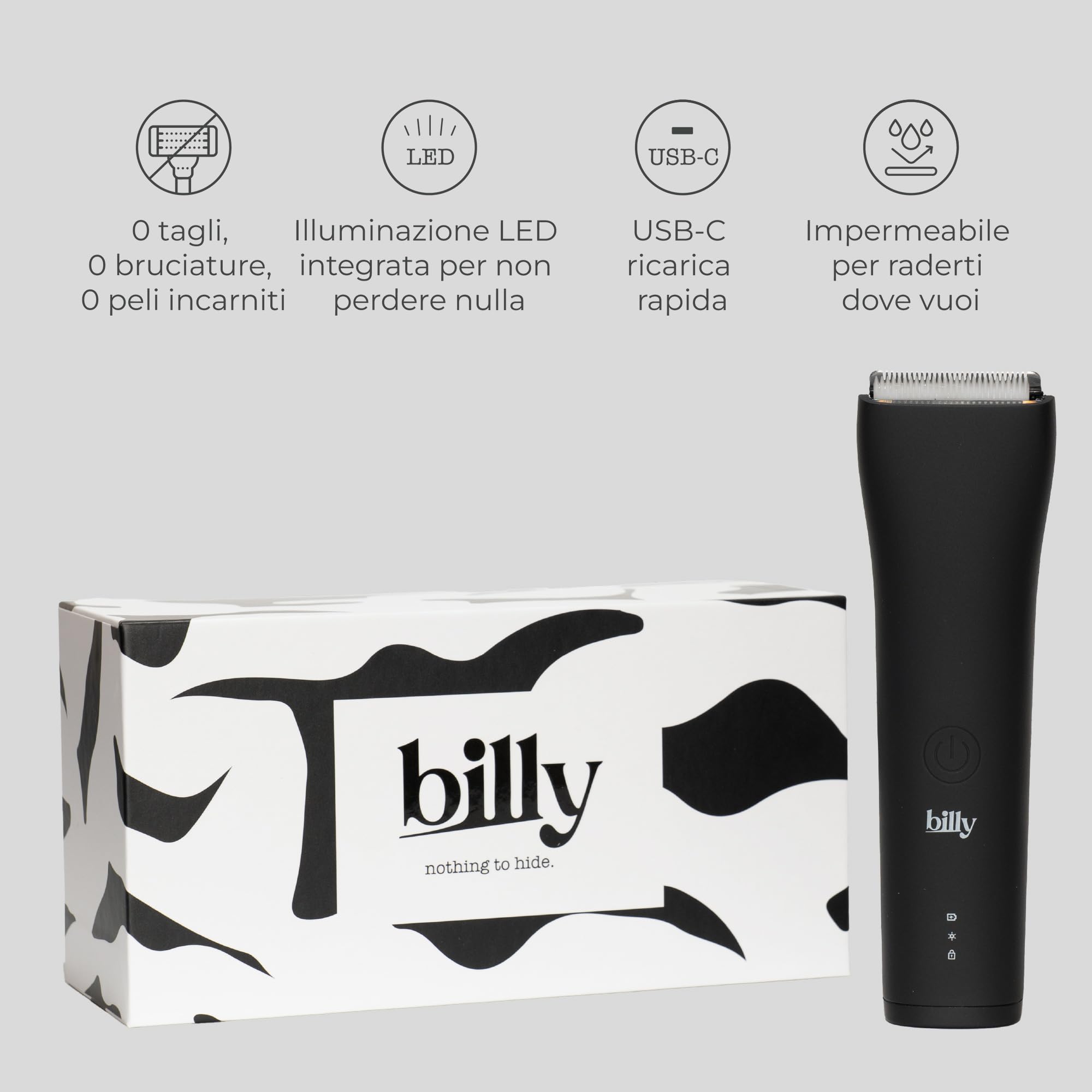 billy Rifinitore Intimo Anti-Taglio Uomo Donna Zone Sensibili - Lama Ceramica Anti-Taglio Anti-Peli Incarniti - Impermeabile - 5 Altezze (0-12mm) LED - USB-C - Peli Pubici