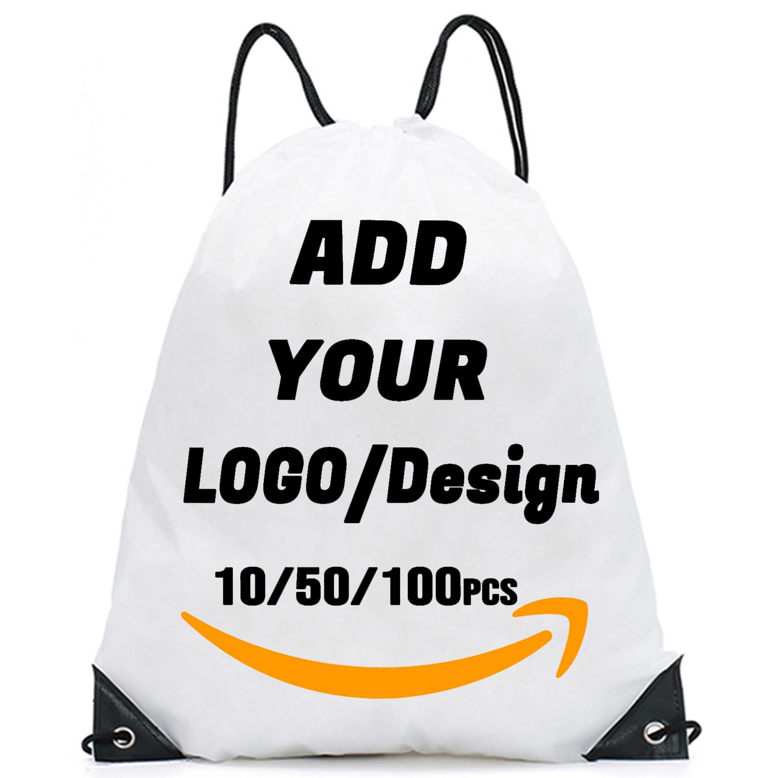 AMOFACIO Custom Drawstring Backpack 10/50/100/200 Pcs Personalized Bulk Sport Draw String Bags with Logo, Text, Design, Customized Promotional Items White