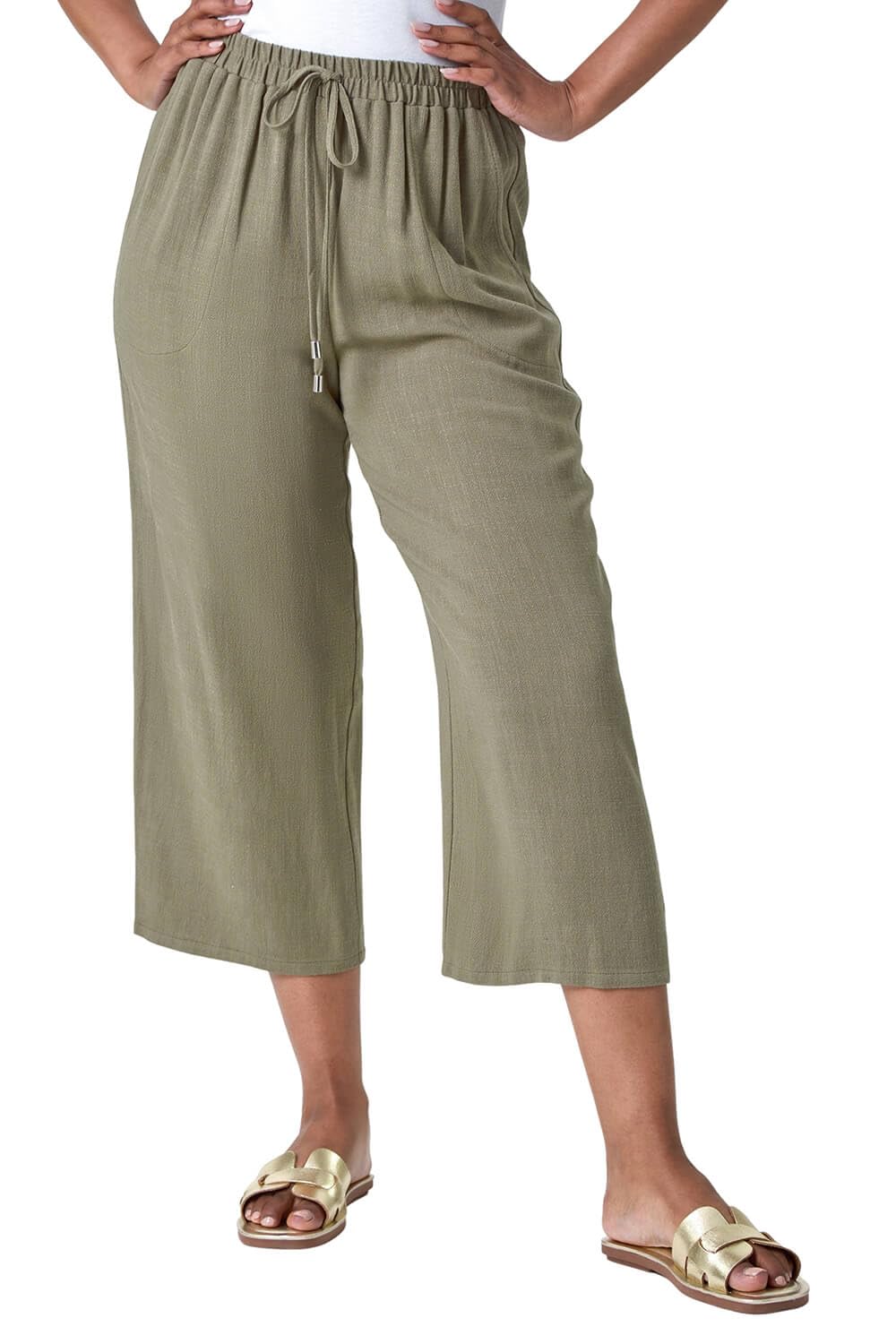 Roman Petite Women's Khaki Linen Blend Wide Cropped Trousers Size 8