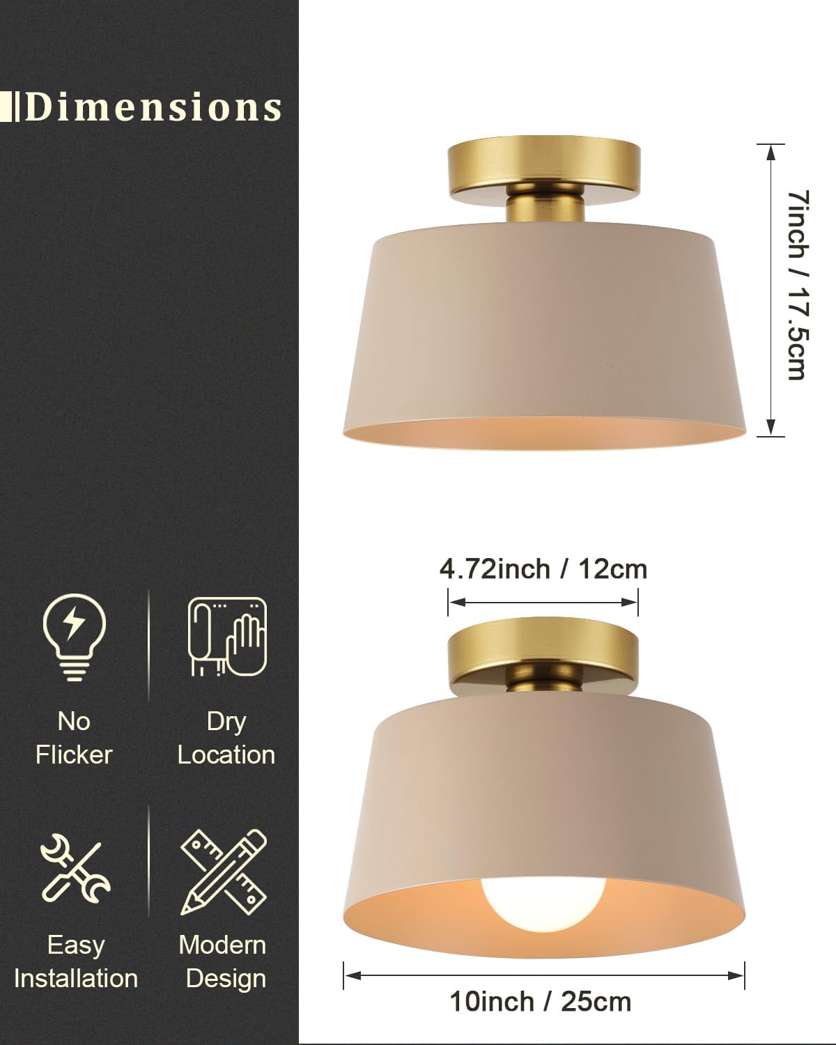 Ceiling Light Fixture, Hallway Ceiling Light with Gold Plate and Matte Black Shade, Modern Simple Style Porch Light Fixtures Semi Flush Mount (Brown)