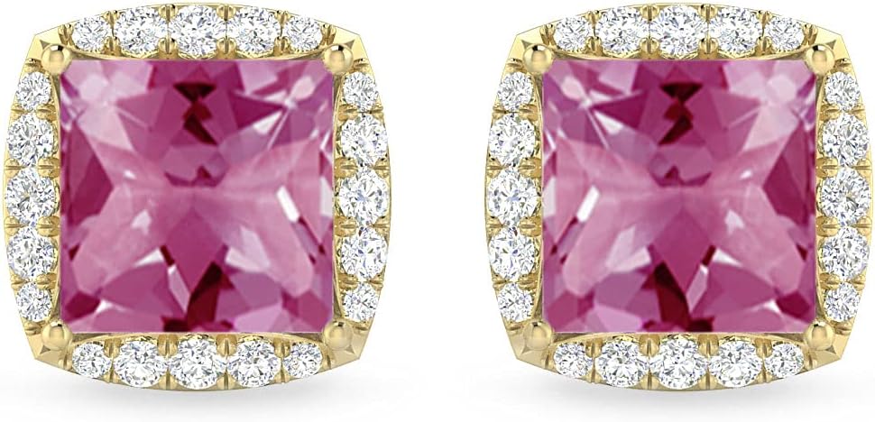 Inspereza Princess Cut Gemstone and Round Diamond Halo Stud Earrings in 14kt Gold (6 MM gemstone)