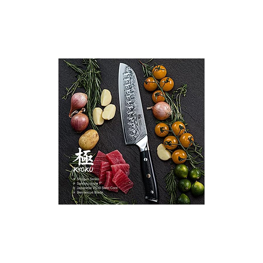 KYOKU-Santoku-Knife-7-Shogun-Series-Japanese-VG10-Steel-Core-Forged-Damascus-Blade-with-Sheath-Case KYOKU Santoku Knife - 7" - Shogun Series - Japanese VG10 Steel Core Forged Damascus Blade - with Sheath & Case