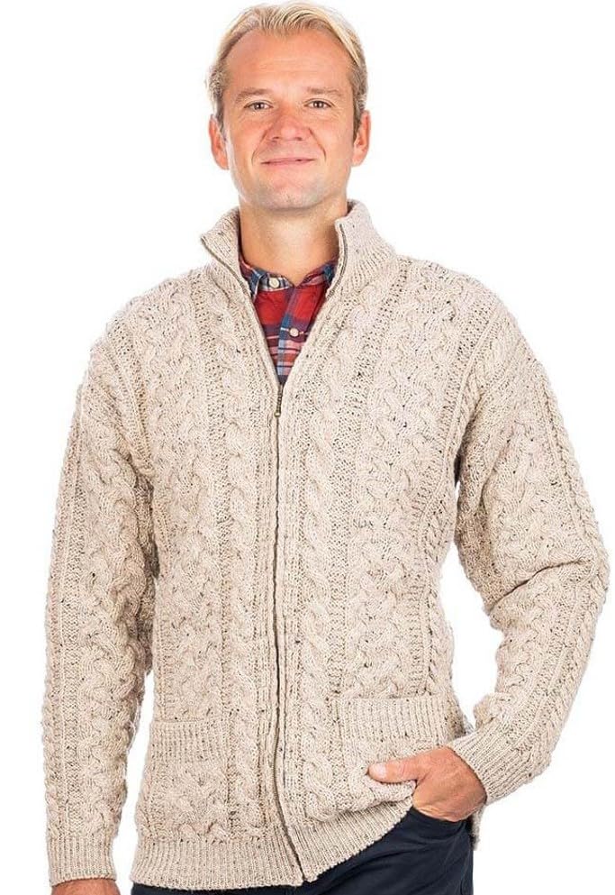 SAOL Irish Cardigan for Men's 100% Worsted Wool Zipper Aran Cable Knit Coat with Pockets