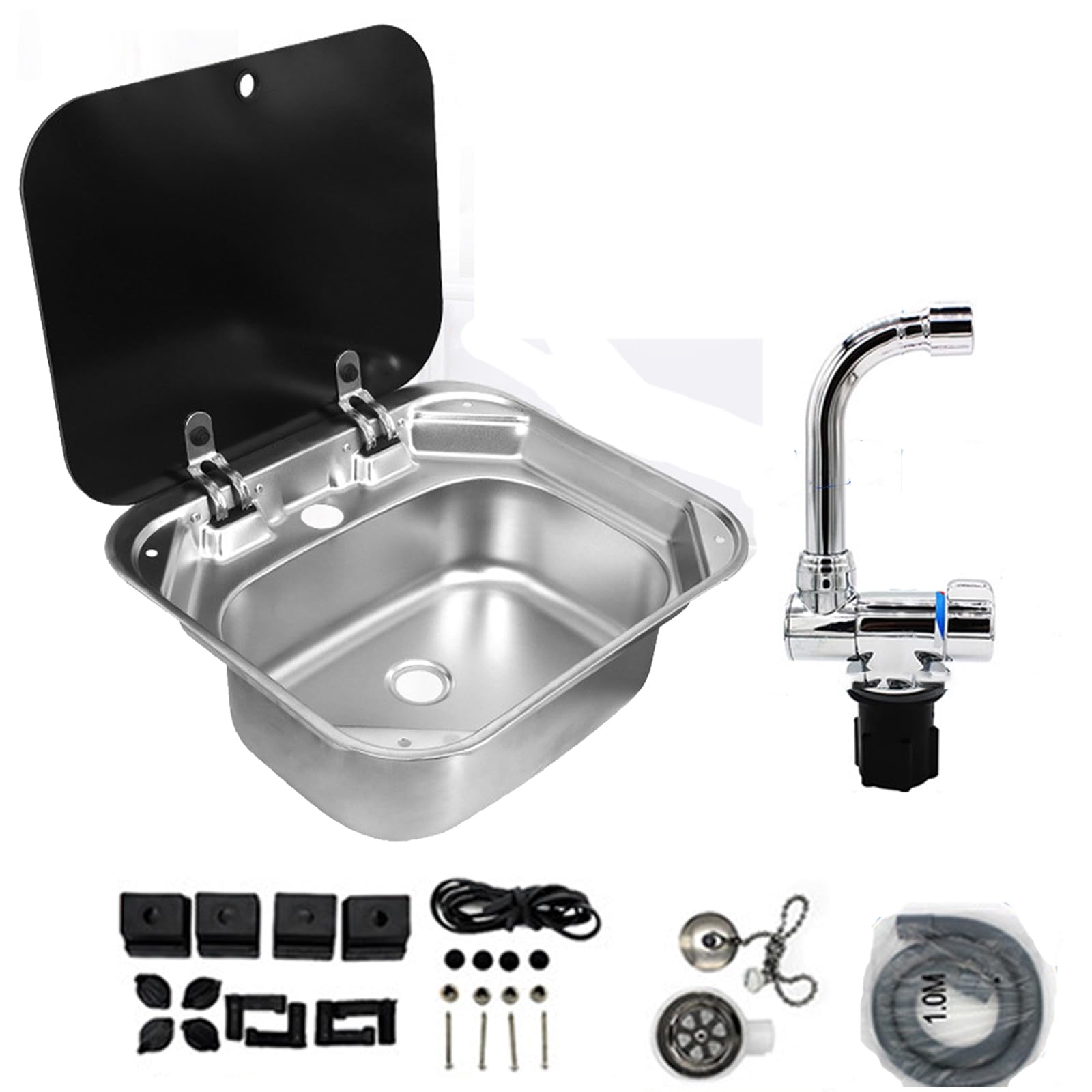 Fregadero de acero inoxidable, grifo plegable y cubierta templada, ideal para autocaravanas, cámpers, barcos y yates, kit de fregadero de camping duradero (42 x 37 x 15 cm)