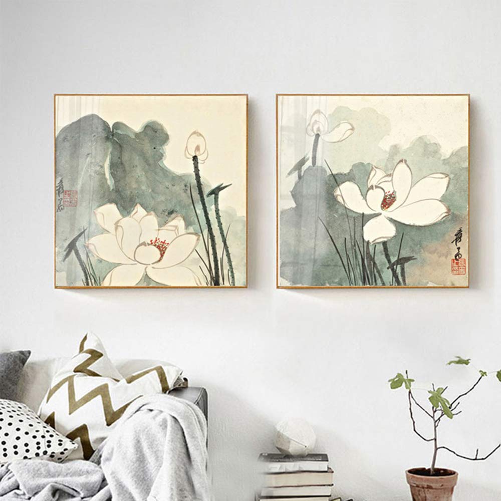 yozhohoo Ink and Wash Painting Green and White Canvas Prints, Lotus Flower 2 Panels Canvas Framed Wall Art Country Rustic Home Decoration (16"X16")