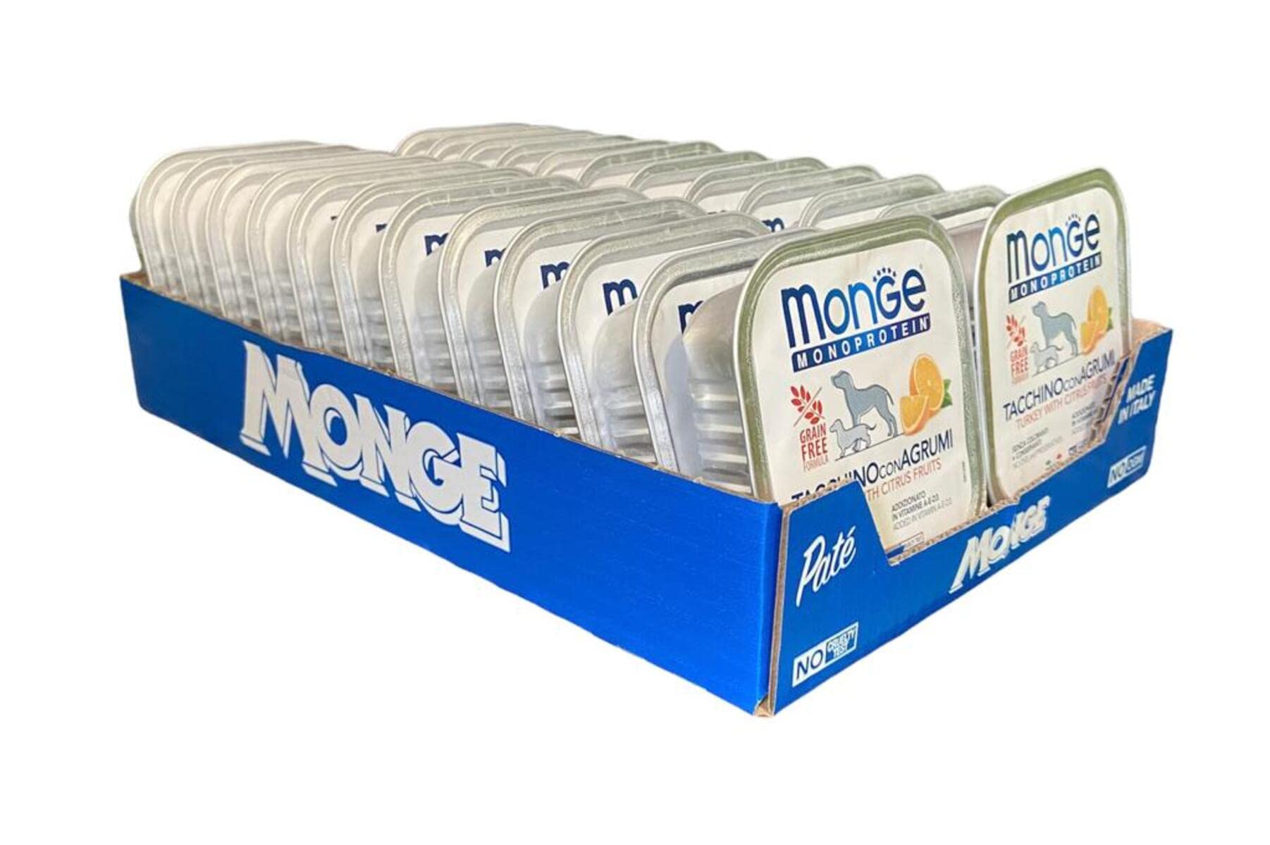 Monge Monoprotein Cibo umido per Cane solo Tacchino con Agrumi, naturalmente senza coloranti, conservanti e zuccheri aggiunti. Confezione da 24 vaschette (1 = 150gr.)