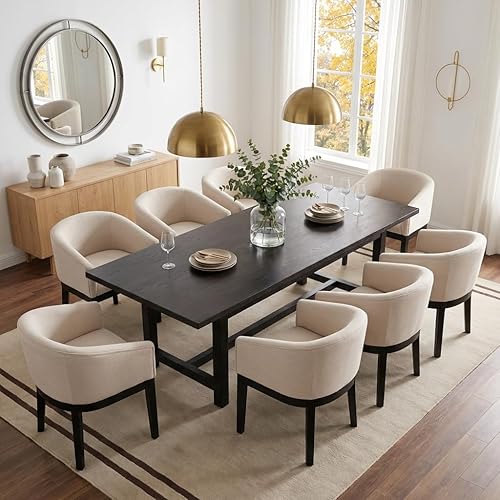 Juego de 8 sillas de comedor modernas de mediados de siglo color beige, sillas de cocina y comedor tapizadas en lino con patas de madera negra, Lino
