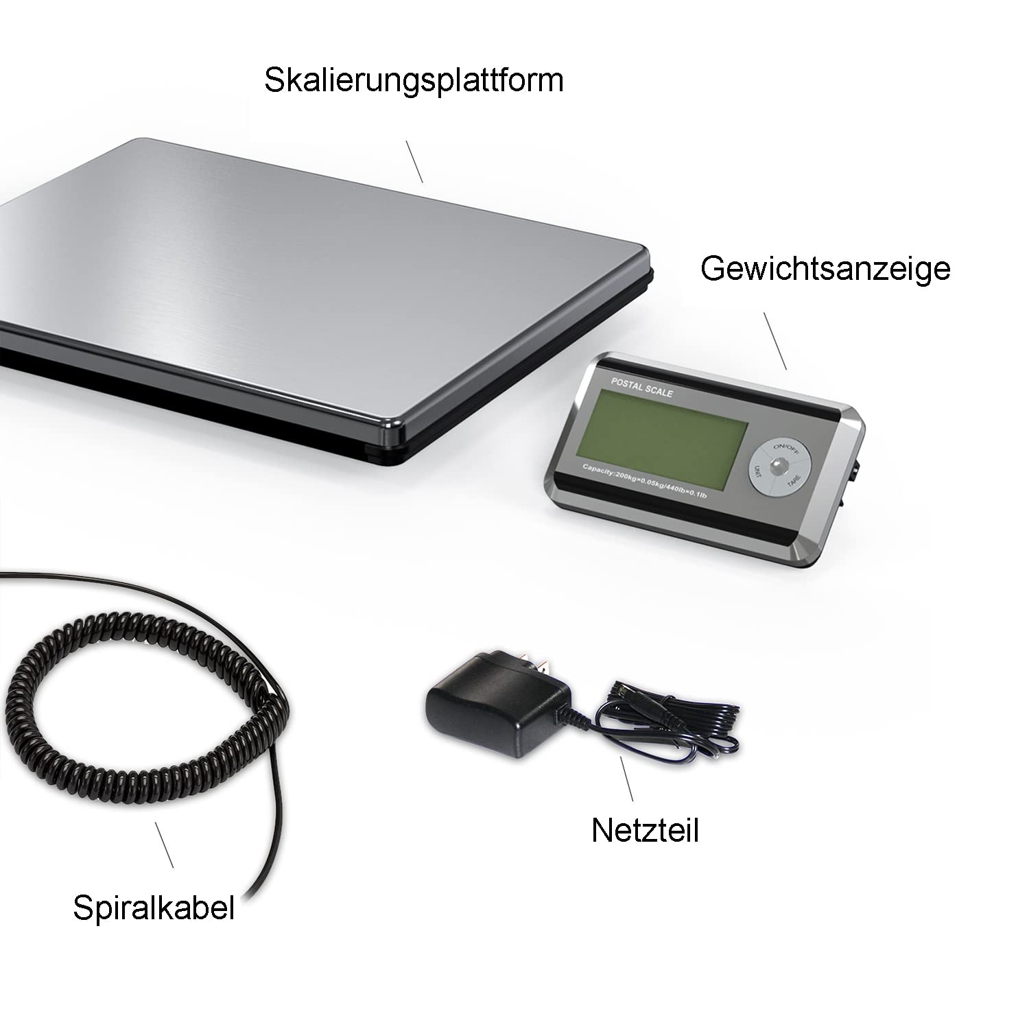 Nilpferd Paketwaage bis 200kg/50g Plattformwaage Briefwaage mit Große Plattform L*B-38,8 * 30,8 cm aus Edelstahl,Externes Beleuchtetes LCD Display 4*AA-Batterien oder AC-Adapter (Silber1)