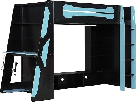 KLMM Twin Size Wood Gaming Loft Bed with Desk, Multi-Storage Shelves and LED,for Kids Teens Adults Bedroom Use (Cloud Blue#LED1, Twin)