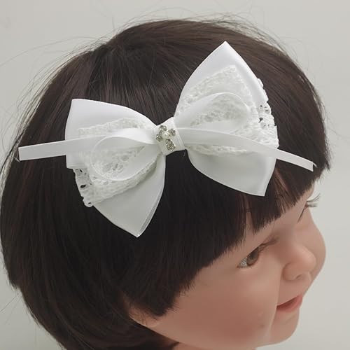 Miniatura 5 de 1 lazo de pelo blanco de 4 pulgadas para niñas pequeñas, arco de bautizo, accesorios para el cabello (lazo de encaje de algodón blanco con cruz)